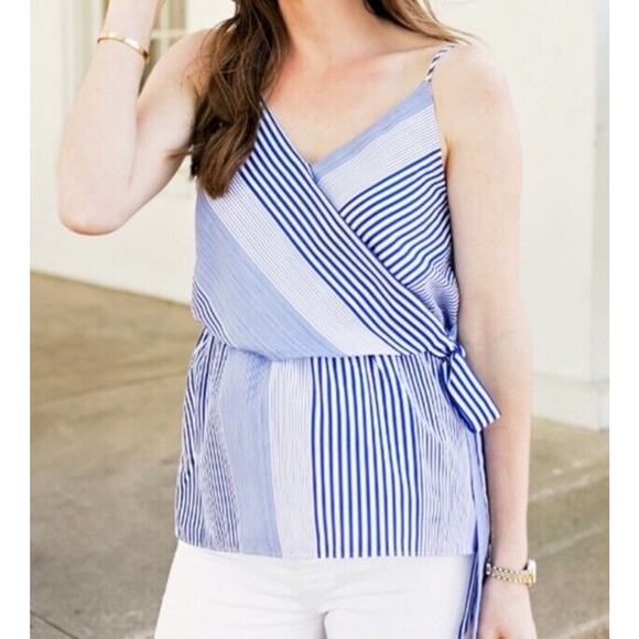 Banana Republic Faux Wrap Tank Top Size Small Blue White Striped Side Tie Cami - Picture 2 of 8